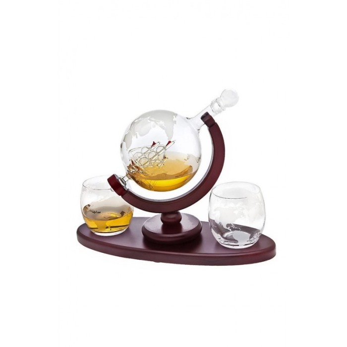 Set decantor premium By Sea Drink, design glob pamantesc, 2 pahare, dop de sticla, eleganta si rafinament,800 ml, Doty® [1]