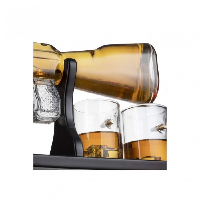 Set decantor ShotGun AK47, forma pusca, 4 pahare incluse, suport lemn, 800 ml, maro [2]