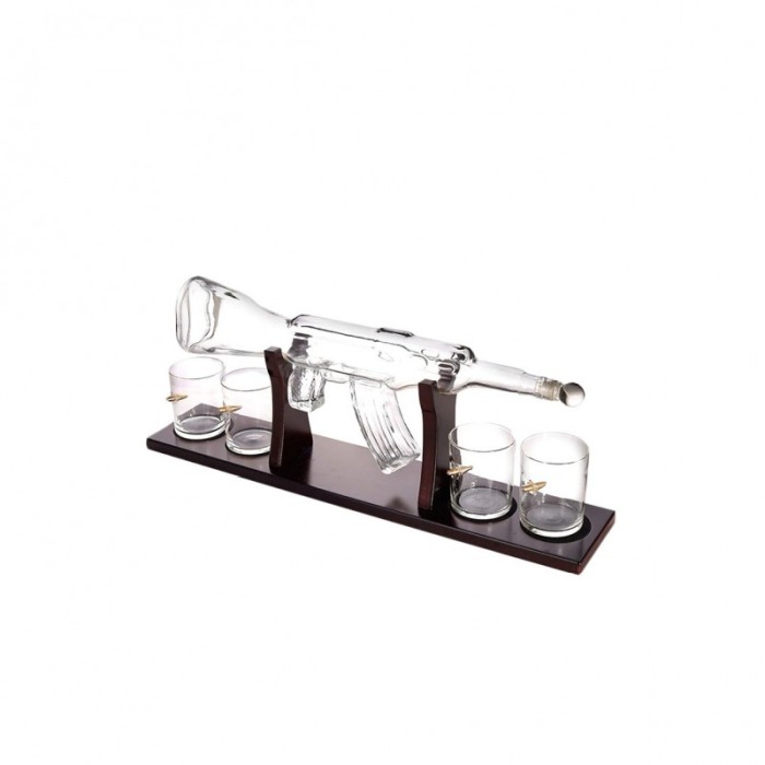 Set decantor ShotGun AK47, forma pusca, 4 pahare incluse, suport lemn, 800 ml, maro [4]