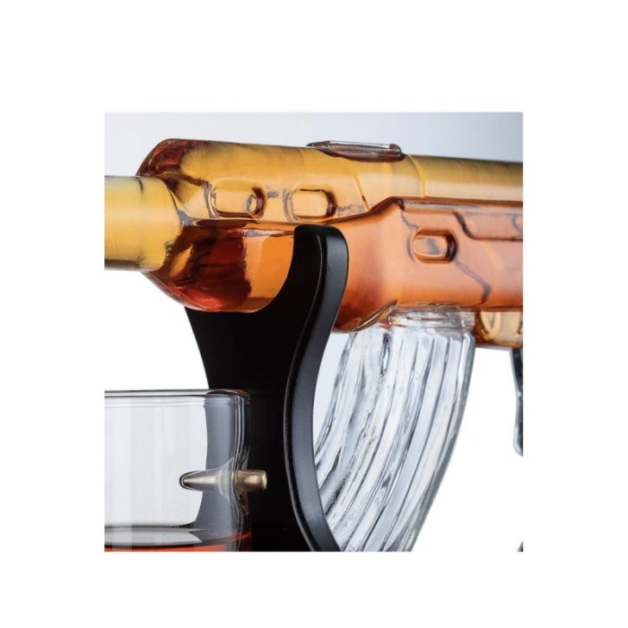 Set decantor ShotGun AK47, forma pusca, 4 pahare incluse, suport lemn, 800 ml, maro [9]