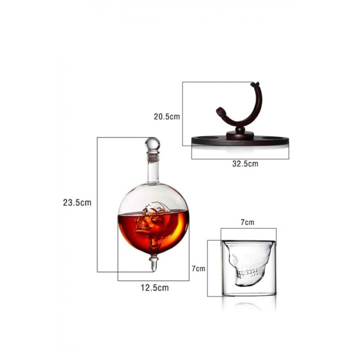 Set decantor Skull Power, cu 2 pahare, design cu craniu, suport din lemn,materiale de calitate,850 ml [6]