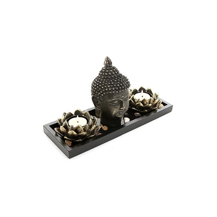 Set decorativ Buddha Oasis, statueta, pietre, 2 suporturi lumanari si tavita incluse, accente aurii, 27 cm [3]