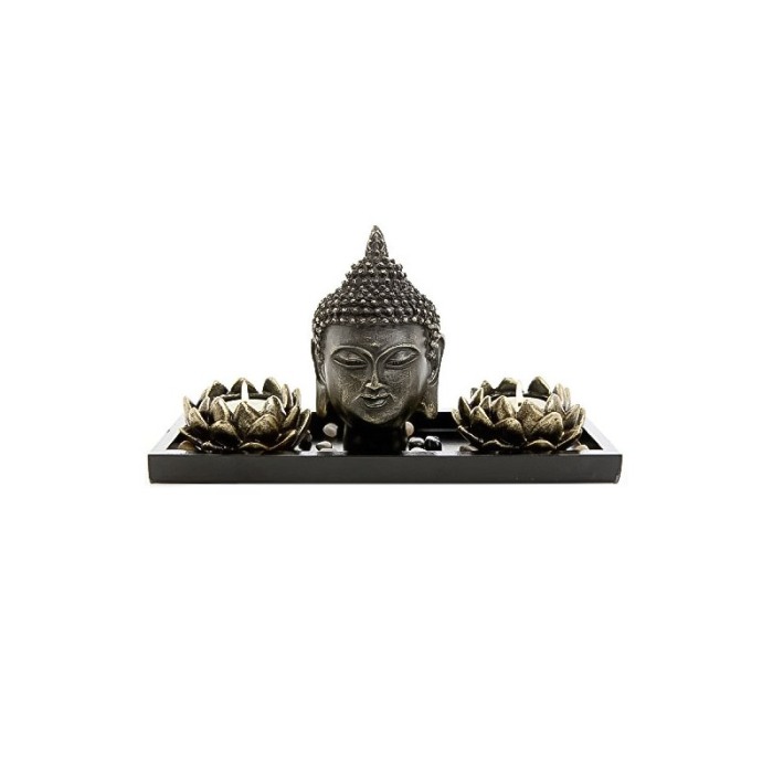 Set decorativ Buddha Oasis, statueta, pietre, 2 suporturi lumanari si tavita incluse, accente aurii, 27 cm [1]