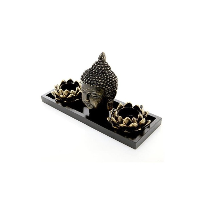 Set decorativ Buddha Oasis, statueta, pietre, 2 suporturi lumanari si tavita incluse, accente aurii, 27 cm [2]