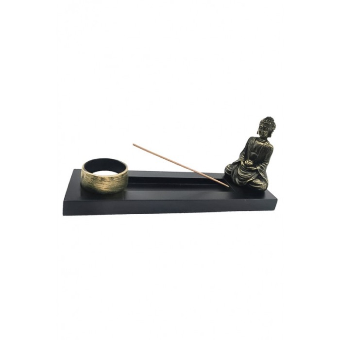Set decorativ BuddhaTemple, statueta, 3 betisoare incluse, suport lumanare, accente aurii, 24 cm [5]