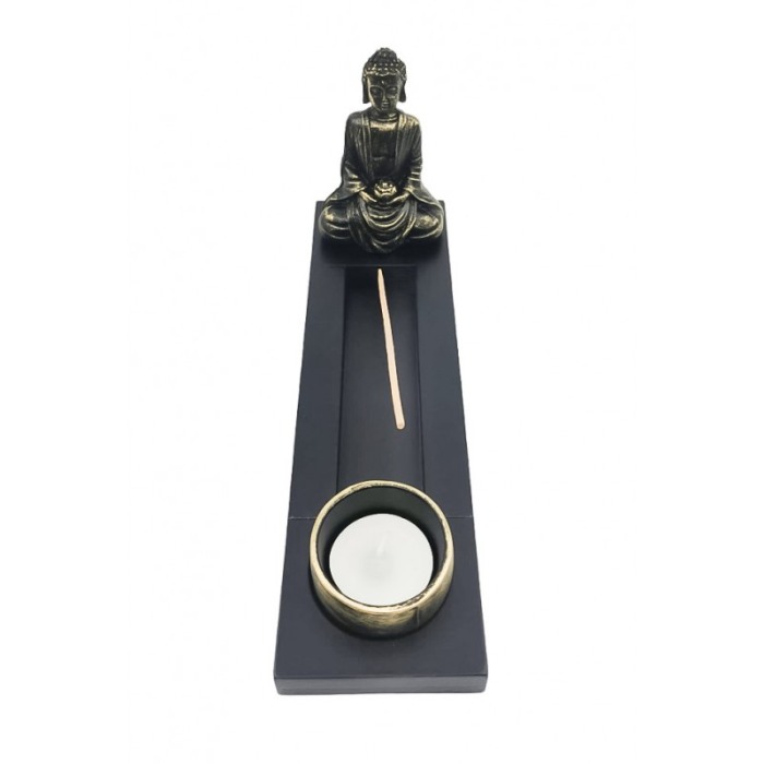 Set decorativ BuddhaTemple, statueta, 3 betisoare incluse, suport lumanare, accente aurii, 24 cm [2]