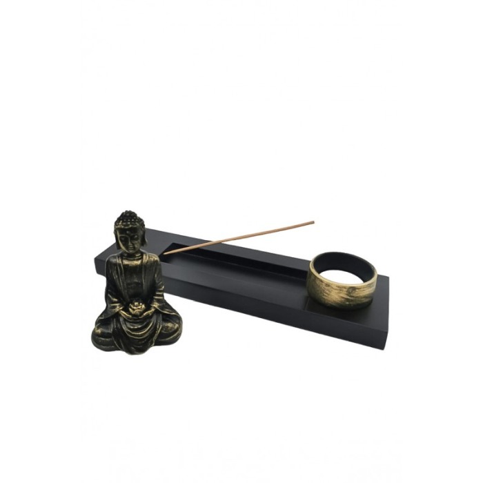 Set decorativ BuddhaTemple, statueta, 3 betisoare incluse, suport lumanare, accente aurii, 24 cm [1]