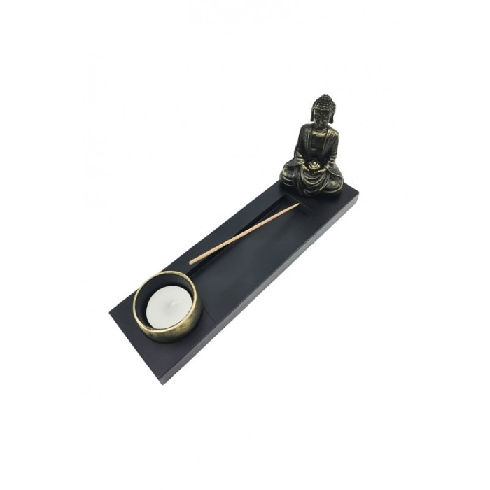 Set decorativ BuddhaTemple, statueta, 3 betisoare incluse, suport lumanare, accente aurii, 24 cm [3]