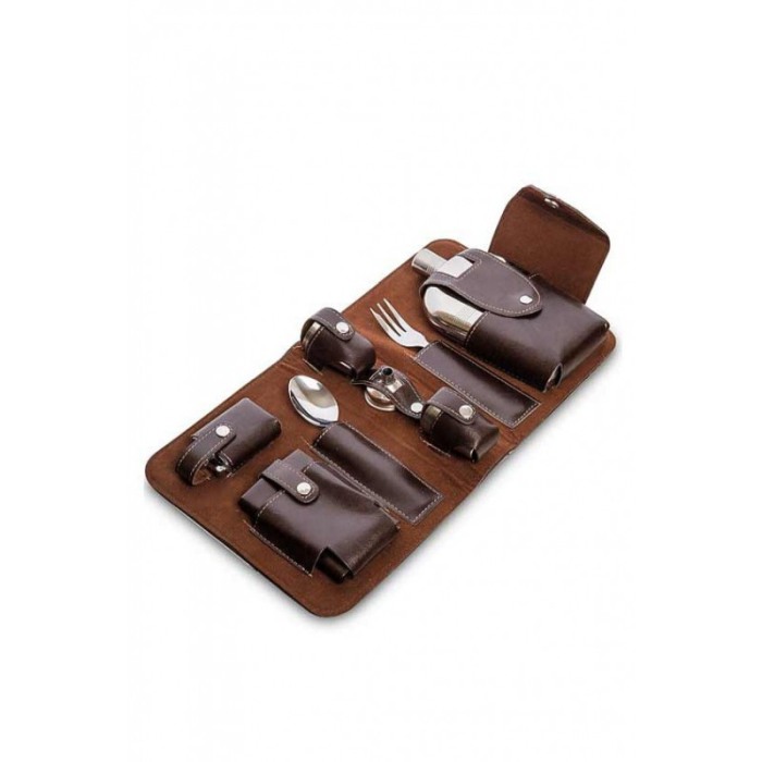 Set din inox cu plosca, 4 pahare, tacam,busola , palnie si tabachiera,piele ecologica maro, usor de transportat, doty [4]