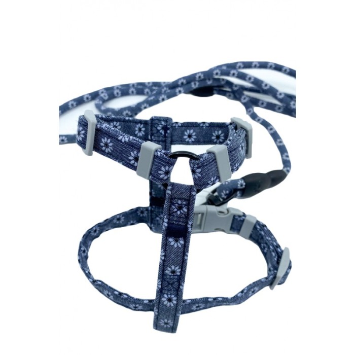 Set ham cu lesa Springs Harness pentru pisici si caini de talie mica, design floral, 146 cm, ajustabil, albastru [4]