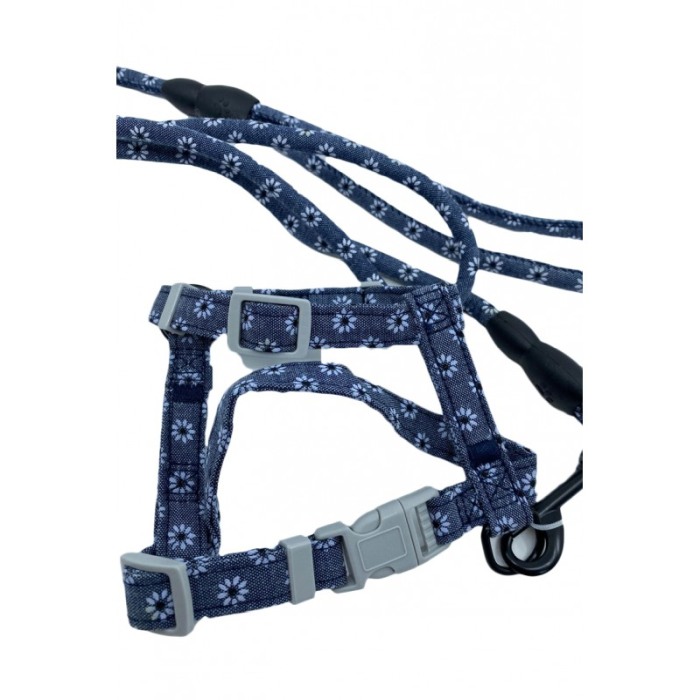 Set ham cu lesa Springs Harness pentru pisici si caini de talie mica, design floral, 146 cm, ajustabil, albastru [3]
