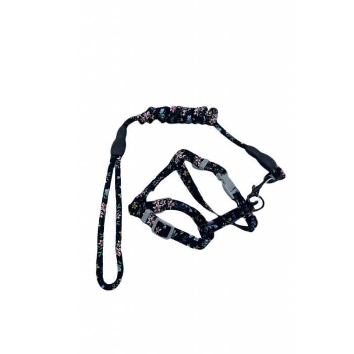 Set ham cu lesa Springs Harness pentru pisici si caini de talie mica, design floral, 146 cm, ajustabil, negru [3]