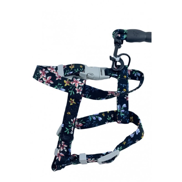Set ham cu lesa Springs Harness pentru pisici si caini de talie mica, design floral, 146 cm, ajustabil, negru [1]