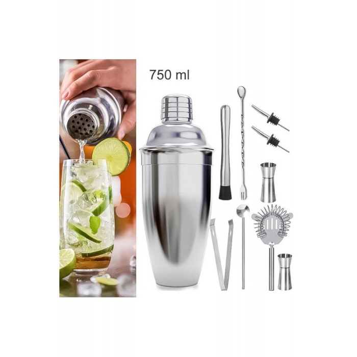 Set Home Cocktail shaker, 9 piese cu suport elegant din bambus, din otel inoxidabil, 750ml, Doty [6]