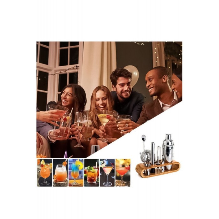 Set Home Cocktail shaker, 9 piese cu suport elegant din bambus, din otel inoxidabil, 750ml, Doty [7]