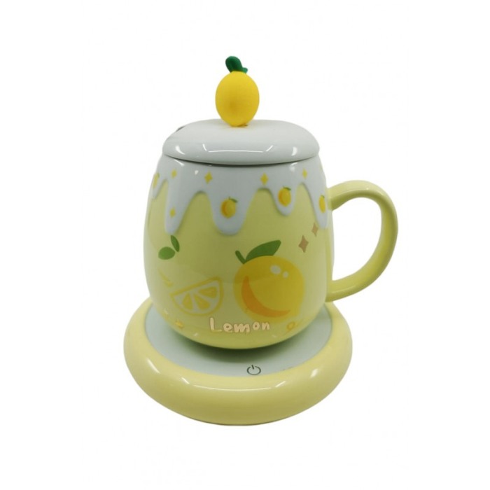 Set LemonCup Doty® cana cu capac si plita electrica, ceramica, lingurita inclusa, 400 ml, alb/galben [1]