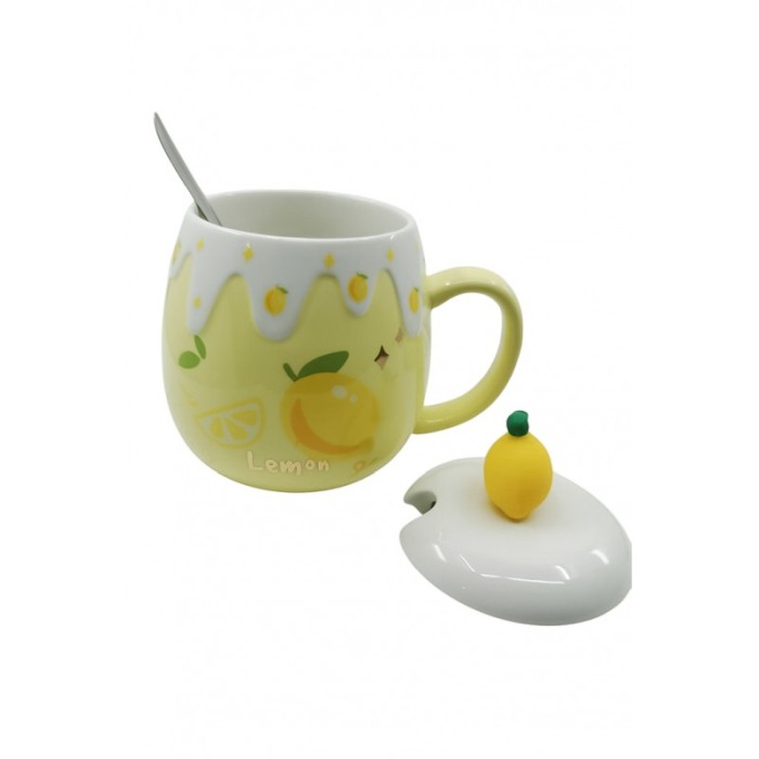 Set LemonCup Doty® cana cu capac si plita electrica, ceramica, lingurita inclusa, 400 ml, alb/galben [3]