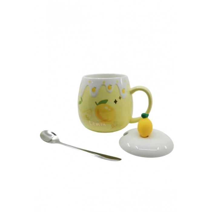 Set LemonCup Doty® cana cu capac si plita electrica, ceramica, lingurita inclusa, 400 ml, alb/galben [5]