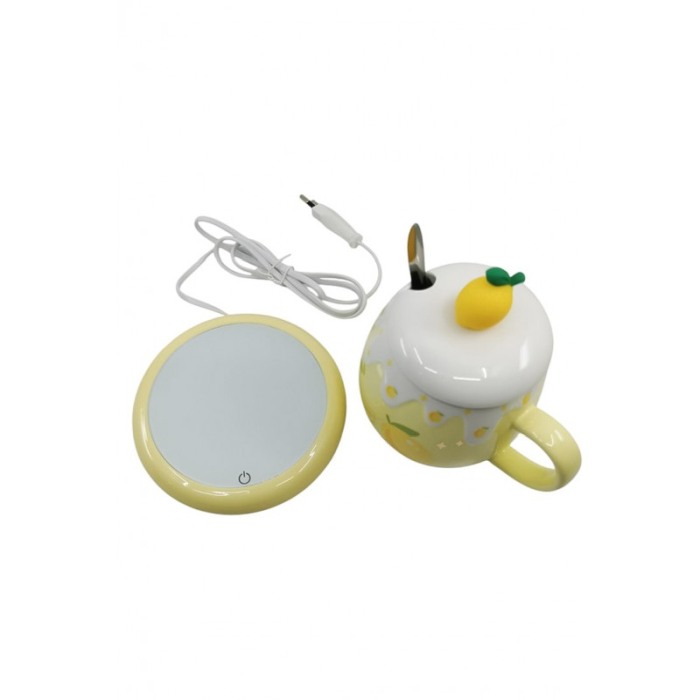 Set LemonCup Doty® cana cu capac si plita electrica, ceramica, lingurita inclusa, 400 ml, alb/galben [4]