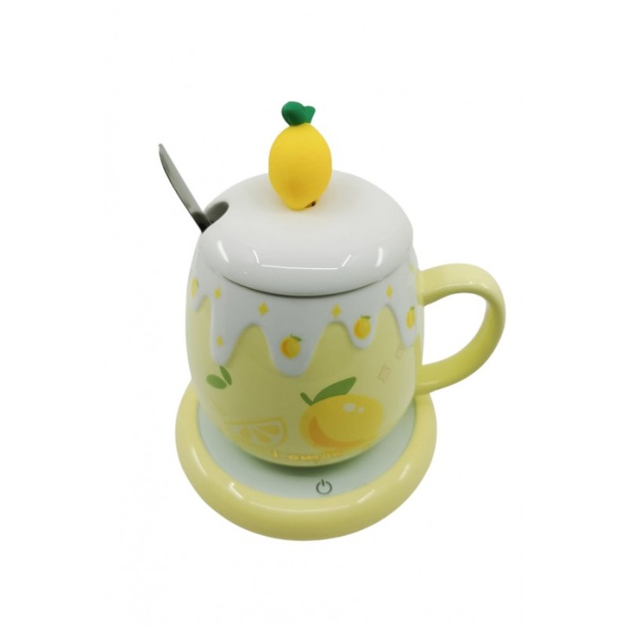 Set LemonCup Doty® cana cu capac si plita electrica, ceramica, lingurita inclusa, 400 ml, alb/galben [2]