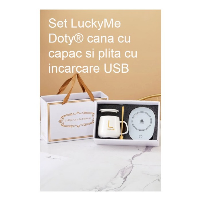 Set LuckyMe Doty® cana cu capac si plita cu incarcare USB, ceramica, lingurita aurie inclusa, 350 ml, alb [1]