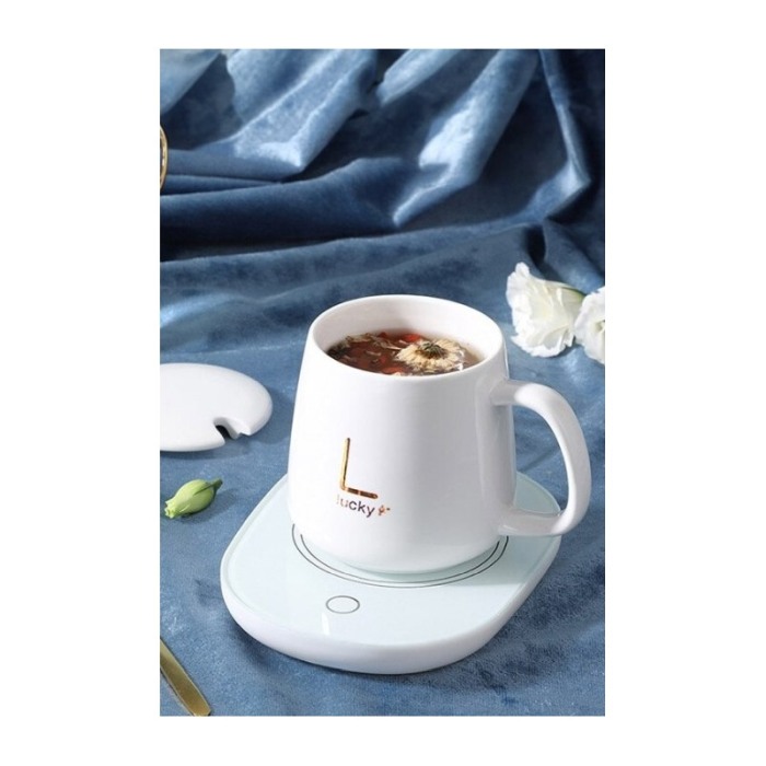 Set LuckyMe Doty® cana cu capac si plita cu incarcare USB, ceramica, lingurita aurie inclusa, 350 ml, alb [2]