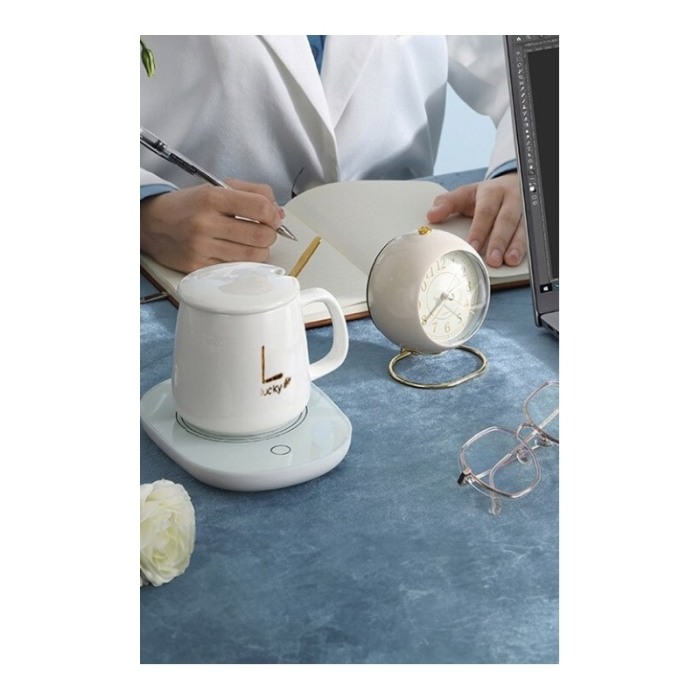 Set LuckyMe Doty® cana cu capac si plita cu incarcare USB, ceramica, lingurita aurie inclusa, 350 ml, alb [3]