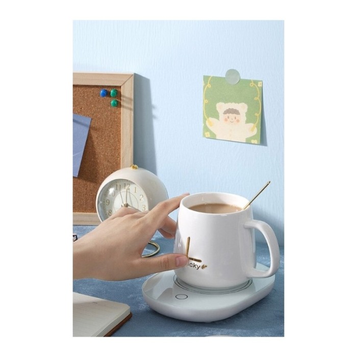 Set LuckyMe Doty® cana cu capac si plita cu incarcare USB, ceramica, lingurita aurie inclusa, 350 ml, alb [4]