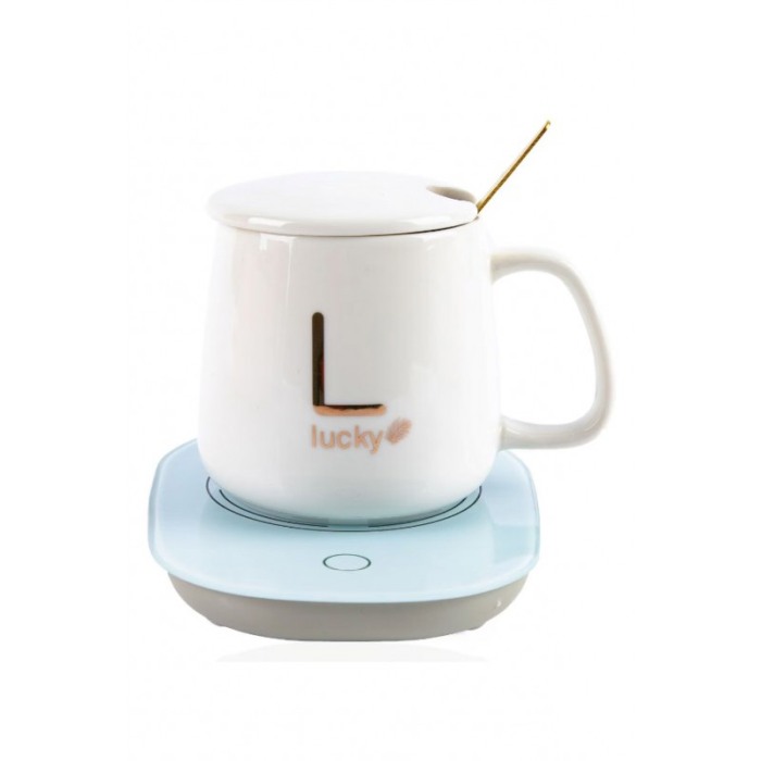 Set LuckyMe Doty® cana cu capac si plita cu incarcare USB, ceramica, lingurita aurie inclusa, 350 ml, alb [5]