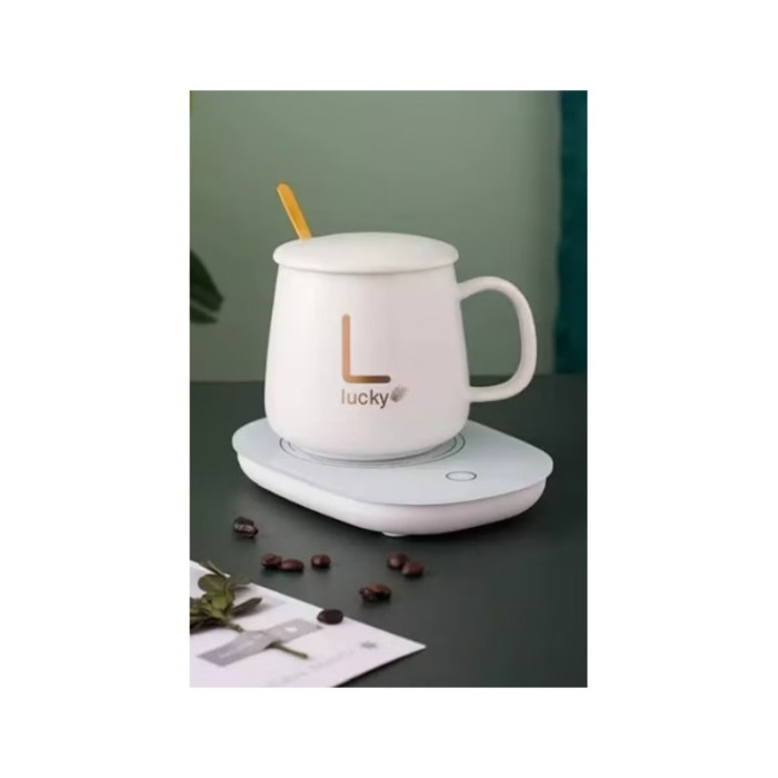 Set LuckyMe Doty® cana cu capac si plita cu incarcare USB, ceramica, lingurita aurie inclusa, 350 ml, alb [6]