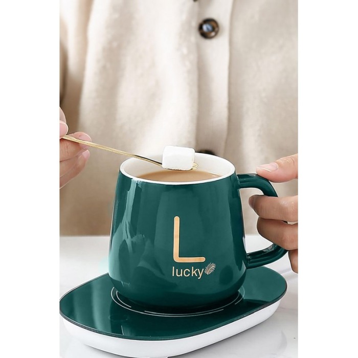 Set LuckyMe Doty® cana cu capac si plita cu incarcare USB, ceramica, lingurita aurie inclusa, 350 ml, verde smarald [9]