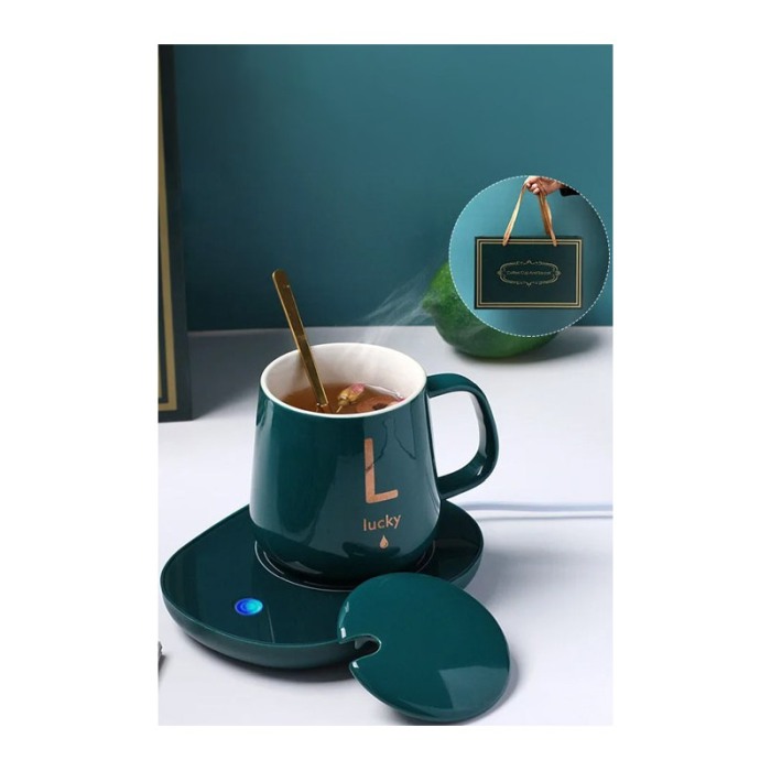 Set LuckyMe Doty® cana cu capac si plita cu incarcare USB, ceramica, lingurita aurie inclusa, 350 ml, verde smarald [6]