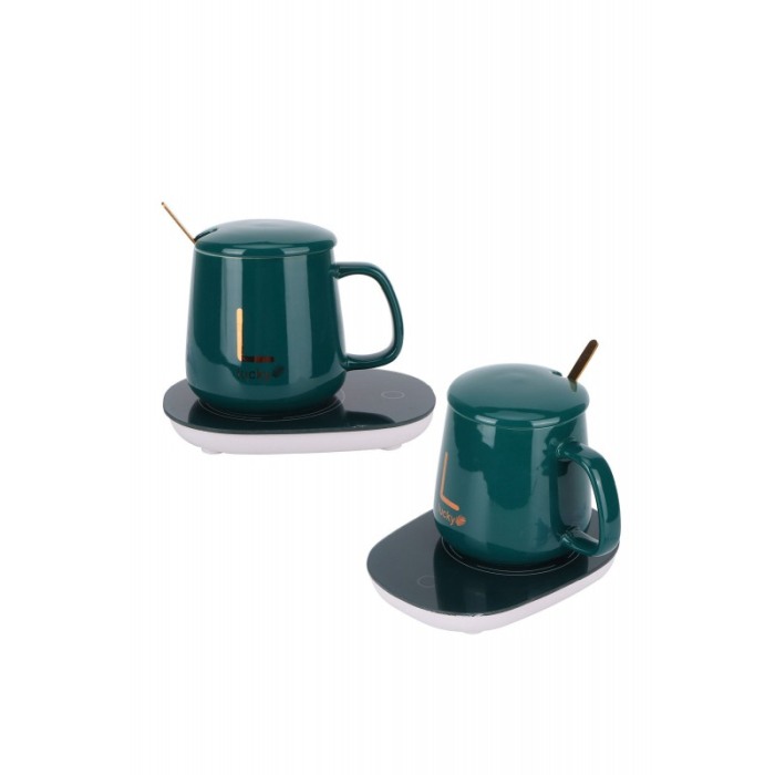 Set LuckyMe Doty® cana cu capac si plita cu incarcare USB, ceramica, lingurita aurie inclusa, 350 ml, verde smarald [8]