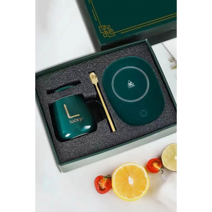Set LuckyMe Doty® cana cu capac si plita cu incarcare USB, ceramica, lingurita aurie inclusa, 350 ml, verde smarald [13]