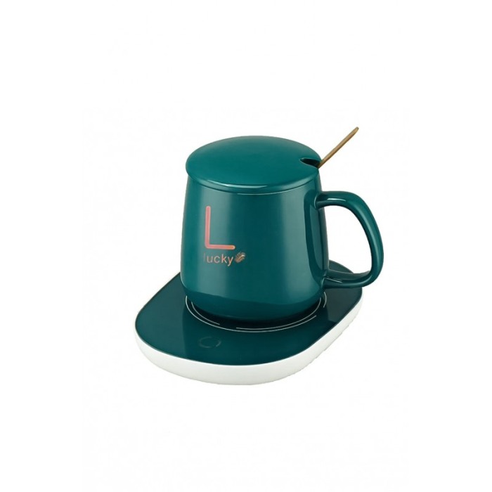 Set LuckyMe Doty® cana cu capac si plita cu incarcare USB, ceramica, lingurita aurie inclusa, 350 ml, verde smarald [1]