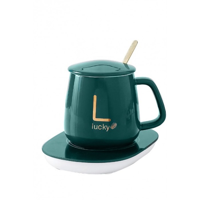 Set LuckyMe Doty® cana cu capac si plita cu incarcare USB, ceramica, lingurita aurie inclusa, 350 ml, verde smarald [12]