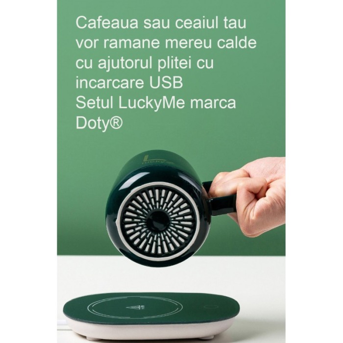 Set LuckyMe Doty® cana cu capac si plita cu incarcare USB, ceramica, lingurita aurie inclusa, 350 ml, verde smarald [7]