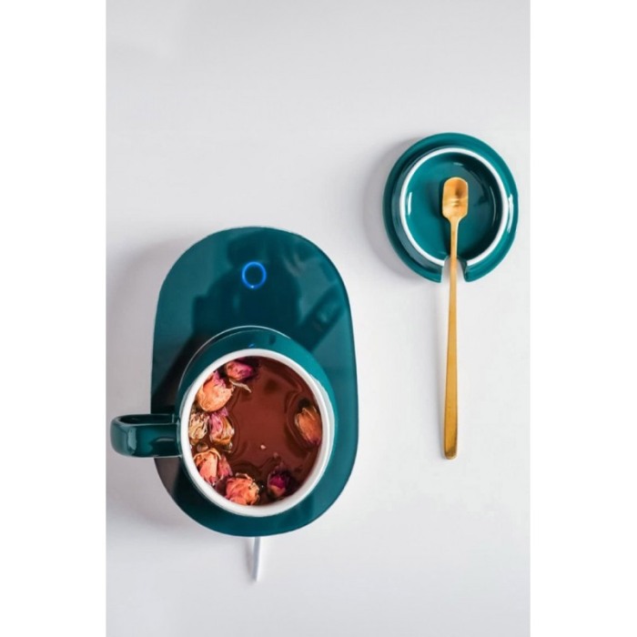 Set LuckyMe Doty® cana cu capac si plita cu incarcare USB, ceramica, lingurita aurie inclusa, 350 ml, verde smarald [10]