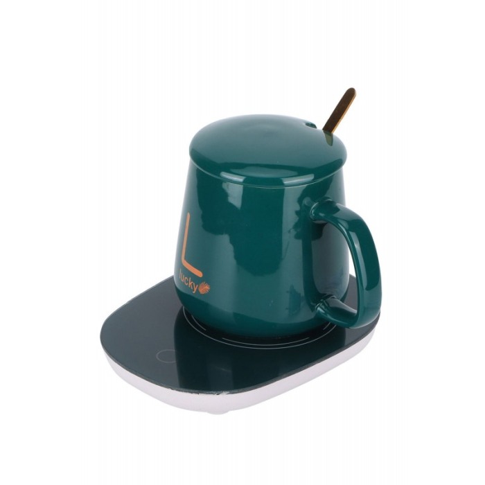 Set LuckyMe Doty® cana cu capac si plita cu incarcare USB, ceramica, lingurita aurie inclusa, 350 ml, verde smarald [11]