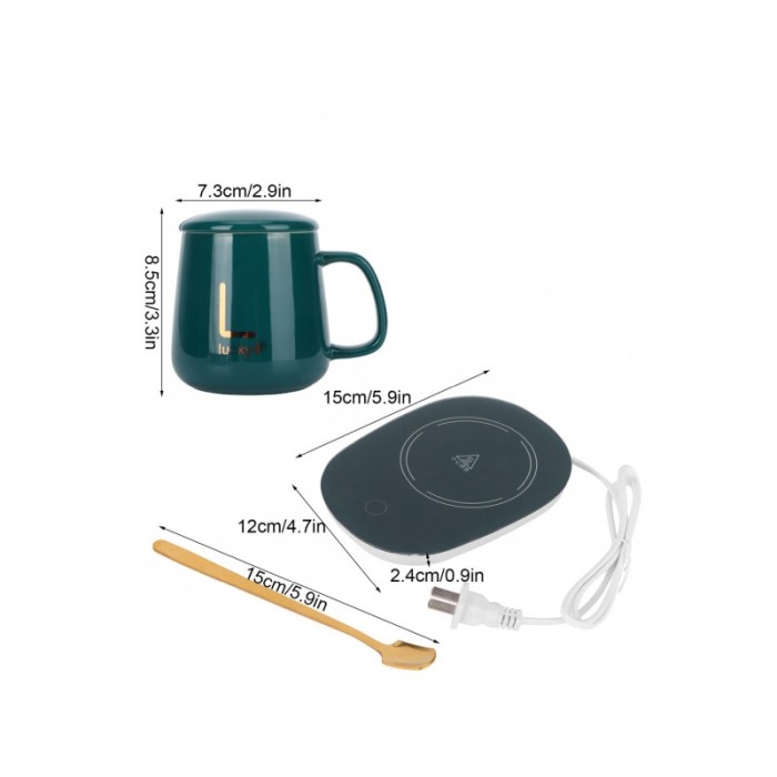 Set LuckyMe Doty® cana cu capac si plita cu incarcare USB, ceramica, lingurita aurie inclusa, 350 ml, verde smarald [5]