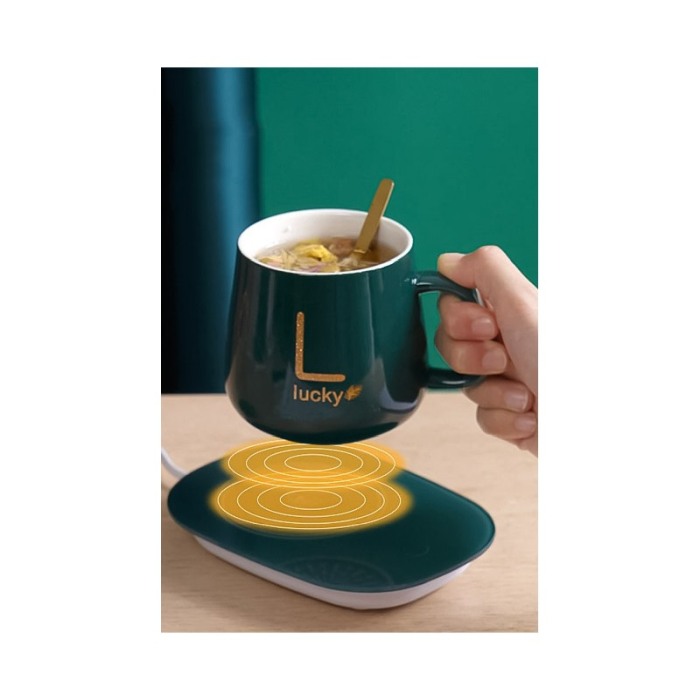 Set LuckyMe Doty® cana cu capac si plita cu incarcare USB, ceramica, lingurita aurie inclusa, 350 ml, verde smarald [4]