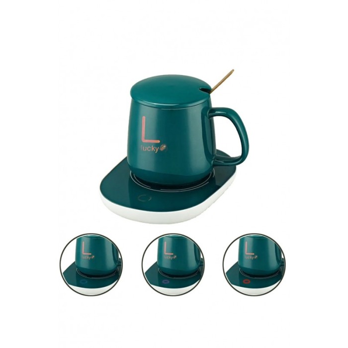 Set LuckyMe Doty® cana cu capac si plita cu incarcare USB, ceramica, lingurita aurie inclusa, 350 ml, verde smarald [3]