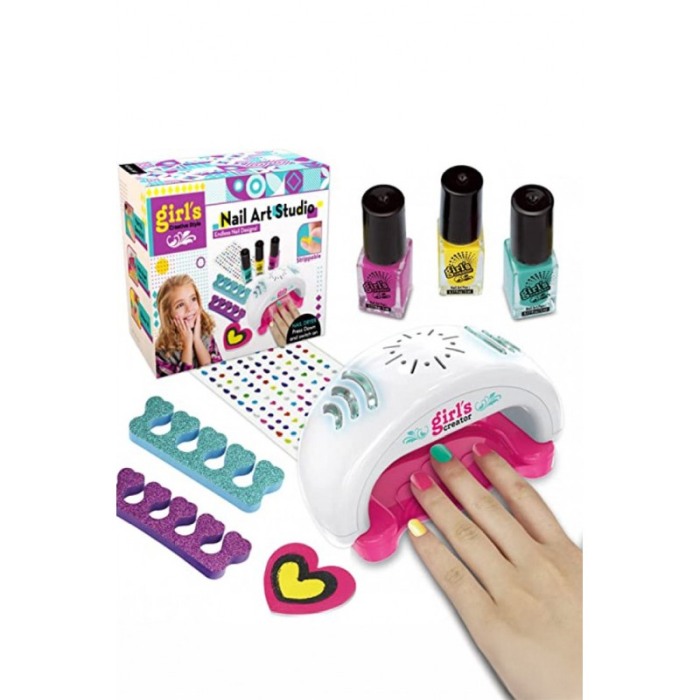 Set manichiura si pedichiura pentru copii GirlyCreator Doty®, set 3 oje, lampa, pila, glitter, strasuri si alte accesorii, roz [3]