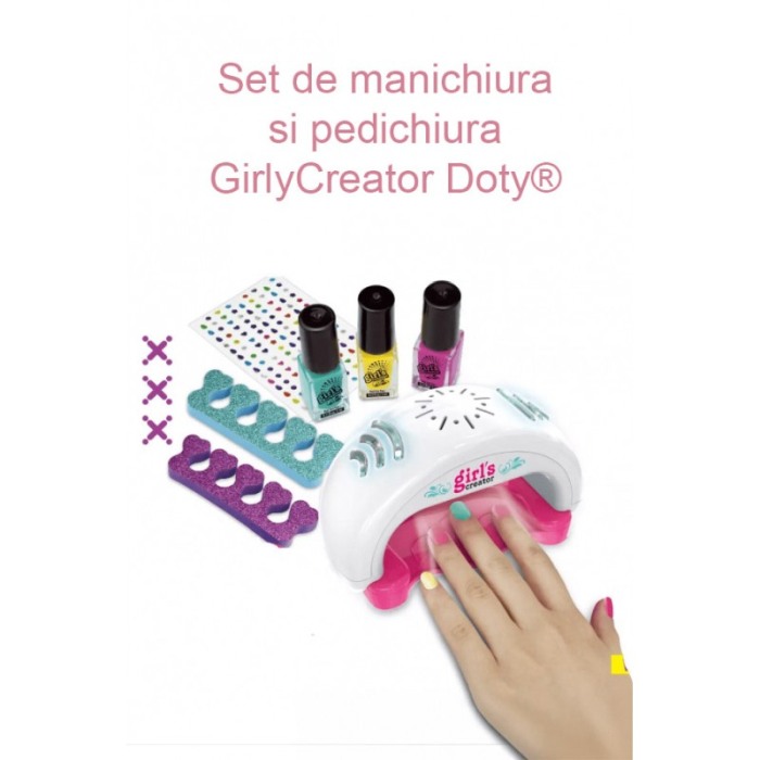 Set manichiura si pedichiura pentru copii GirlyCreator Doty®, set 3 oje, lampa, pila, glitter, strasuri si alte accesorii, roz [4]