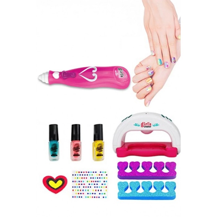Set manichiura si pedichiura pentru copii GirlyCreator Doty®, set 3 oje, lampa, pila, glitter, strasuri si alte accesorii, roz [6]