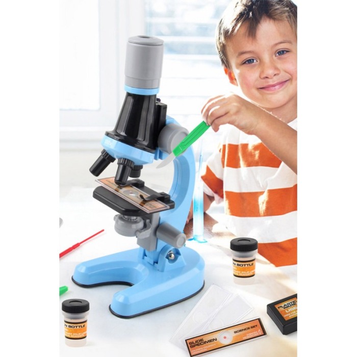 Set Microscop de jucarie pentru copii Tanarul Savant, educativ, cu trei dimensiuni de marire, 100x, 400x si 1200x, albastru [4]