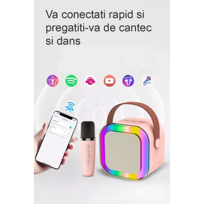 Set Mini Statie pentru karaoke VividMusic Doty®, Copii / Adulti, 2 in 1, boxa si microfon wireless, LED [8]