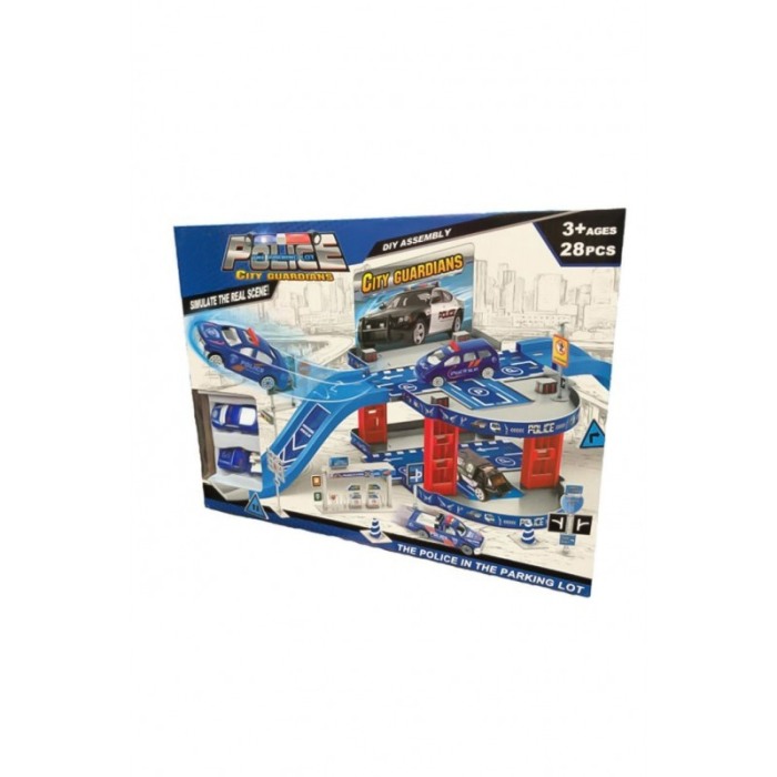 Set parcare si statie alimentare politie, toate accesoriile incluse,2 masinute incluse, 28 de accesorii, usor de asamblat,multic [1]