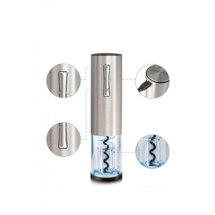 Set pentru vin AutomaticWineSet, tirbuson electric, taietor de folie, aerator, picurator, cablu USB, aluminiu, argintiu, Doty®️ [6]