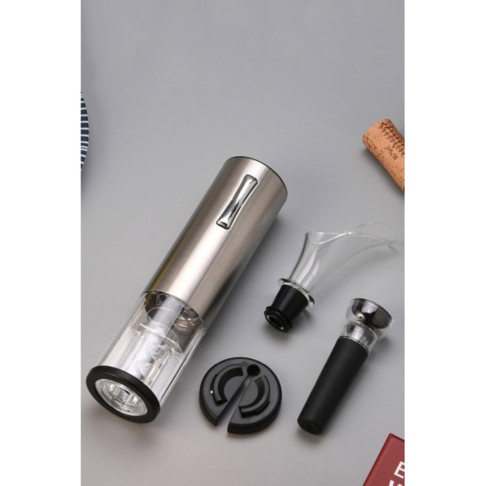 Set pentru vin AutomaticWineSet, tirbuson electric, taietor de folie, aerator, picurator, cablu USB, aluminiu, argintiu, Doty®️ [3]